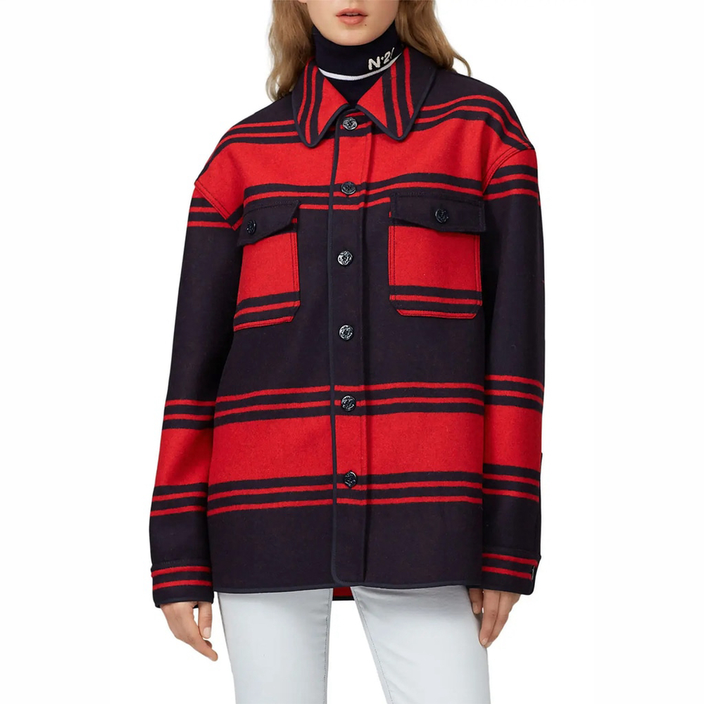 Women's N°21 No. 21 Striped Shirt Jacket Coat Wool Red Black $995 Size 36 / XXS
